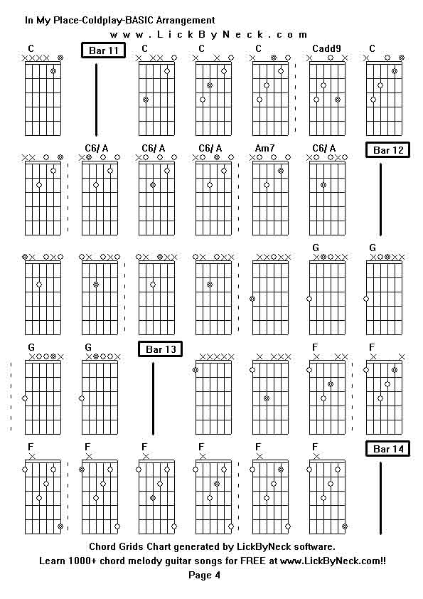 Chord Grids Chart of chord melody fingerstyle guitar song-In My Place-Coldplay-BASIC Arrangement,generated by LickByNeck software.